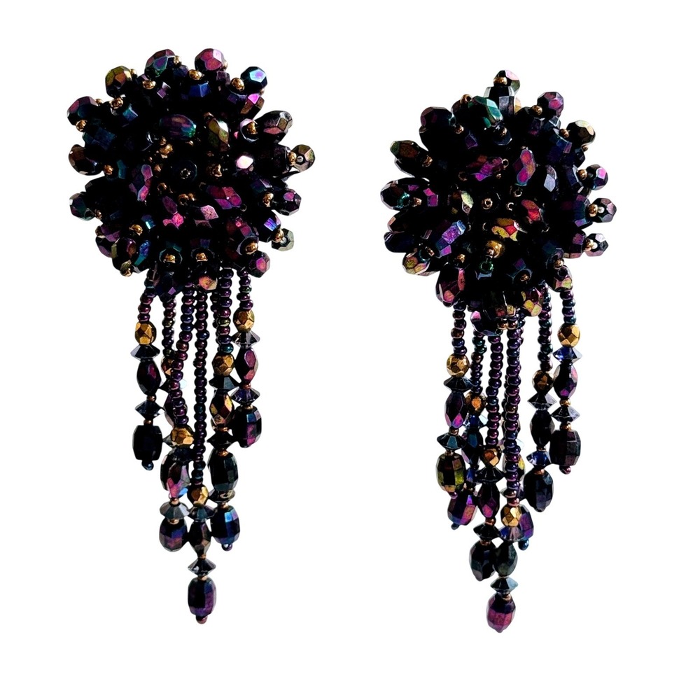 VTG Runway Glass crystal Burst Earrings Waterfall cluster Dangle regal Clip 70s